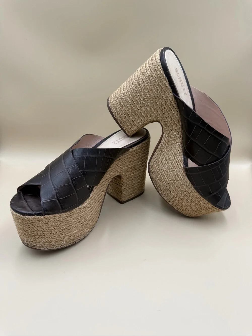 Schutz Brown Croc Embossed Platform Mule Sandals Size 9B